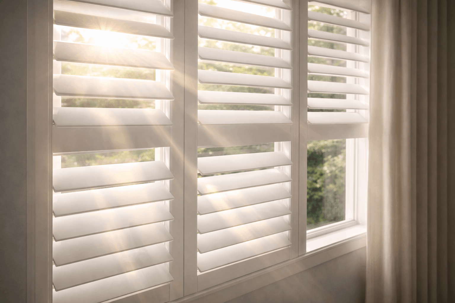 Interior shutters controlling natural light as sunlight filters through window panels