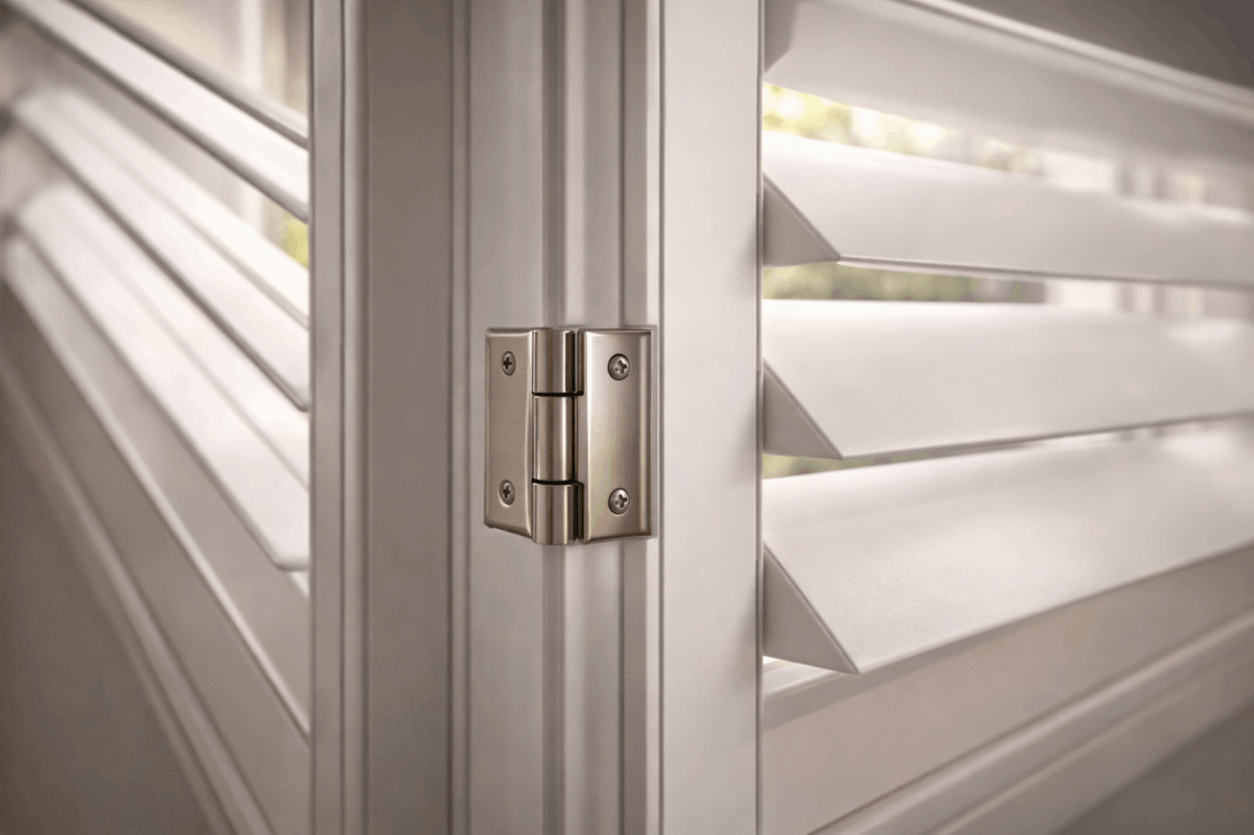 Close-up detail of shutter hinge and frame showing durable construction