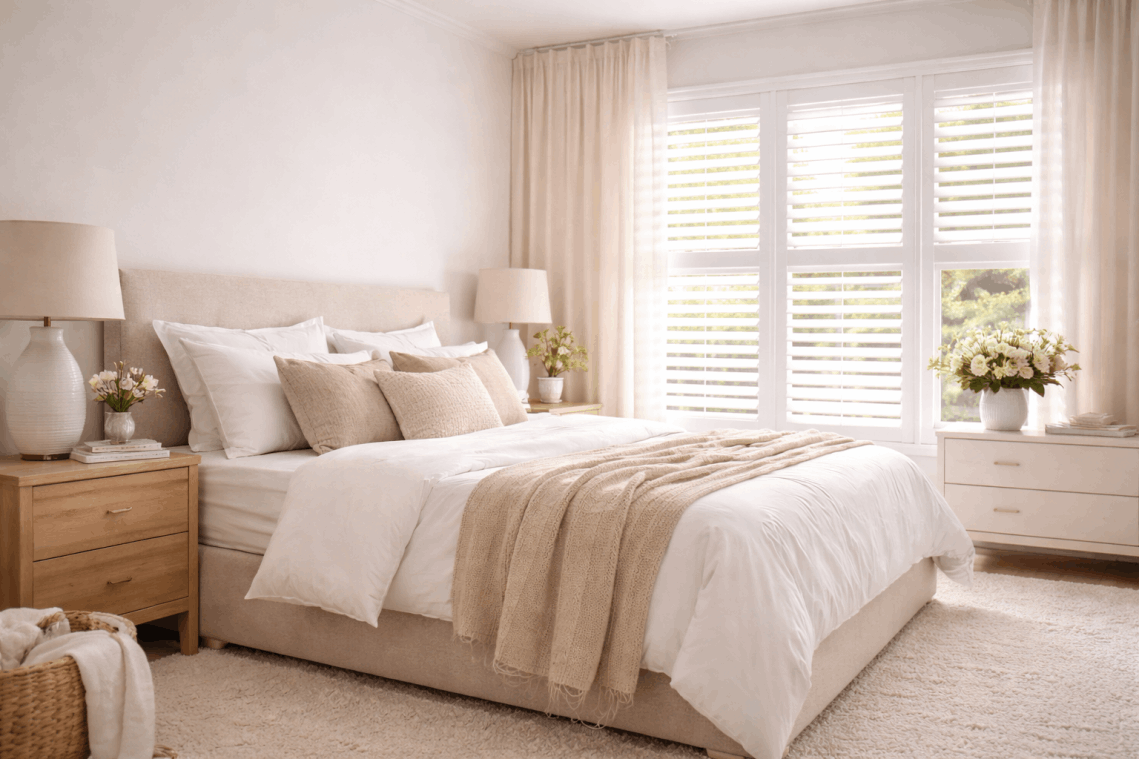 Interior shutters installed in a bedroom creating a clean and low-allergen environment