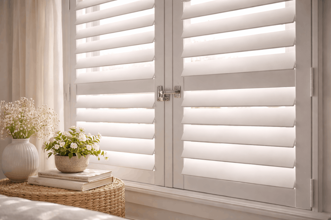 Close-up of fully closed interior shutters fitted securely within a window frame