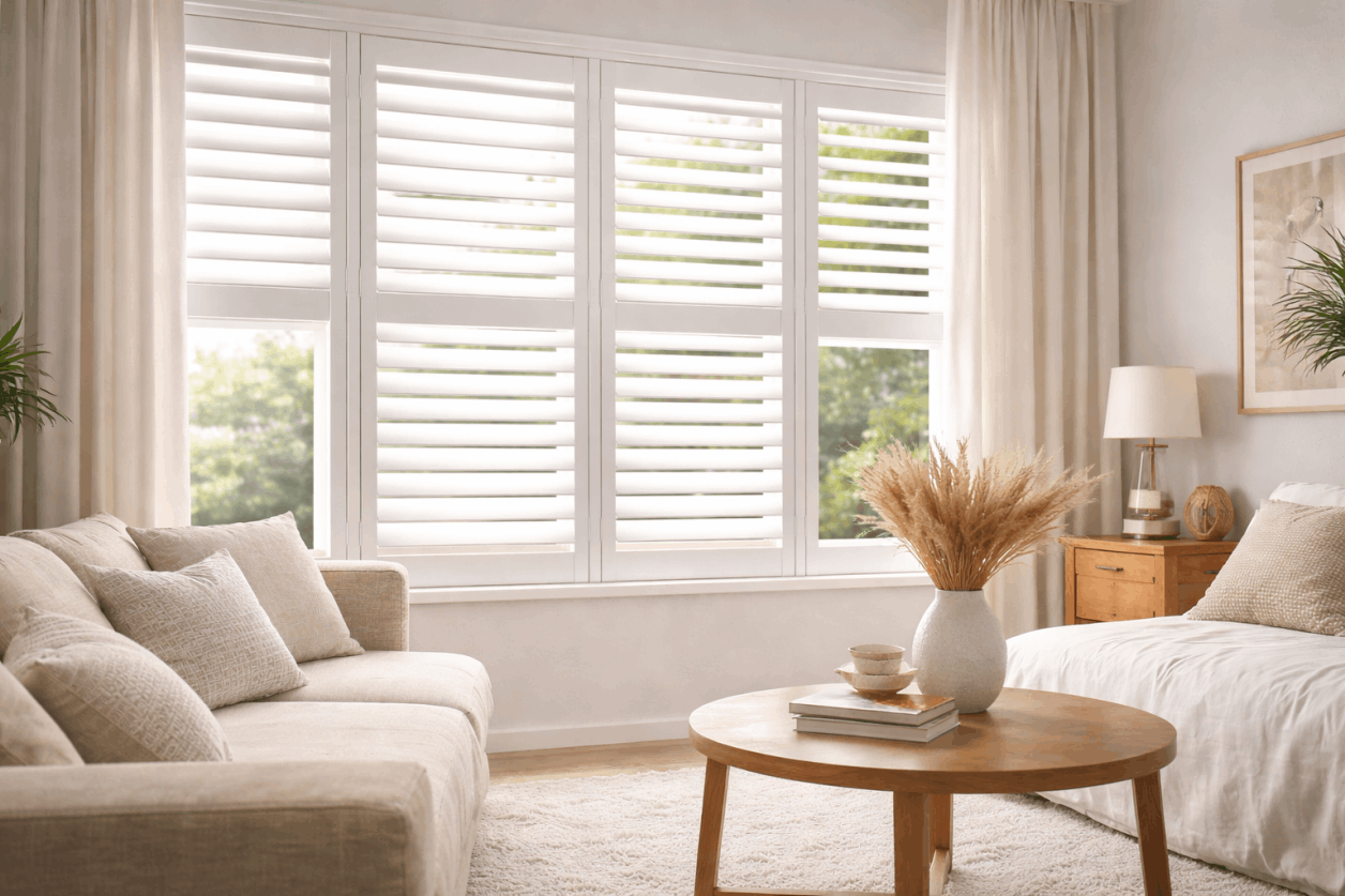 White interior shutters installed on large living room windows with natural light