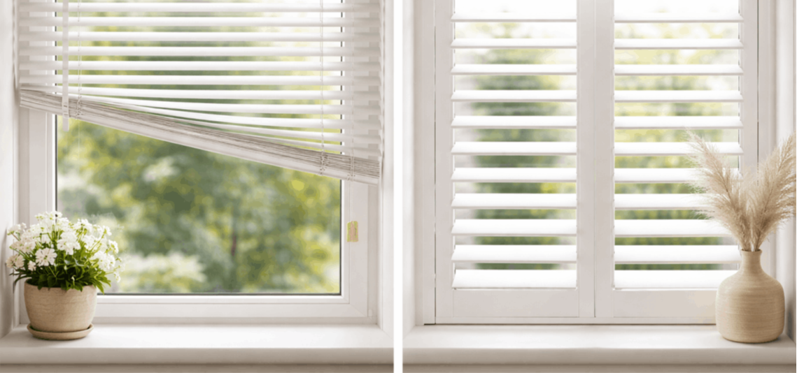 Comparison between low-quality blinds and professionally fitted interior shutters