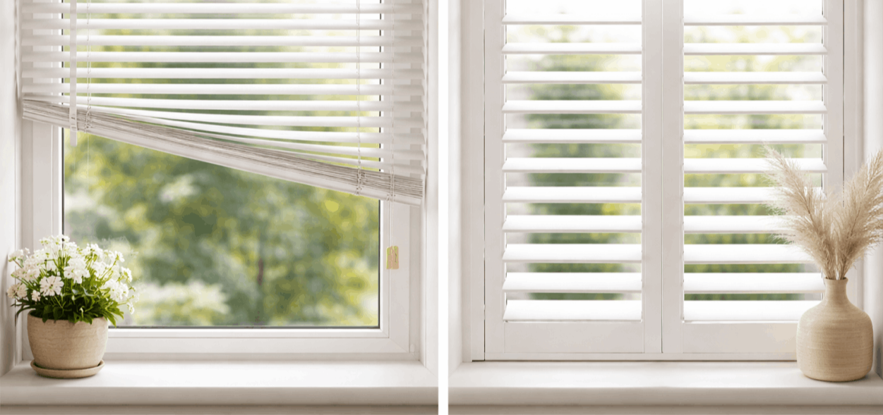 Crooked window blinds compared with well-fitted interior shutters showing difference in quality and finish