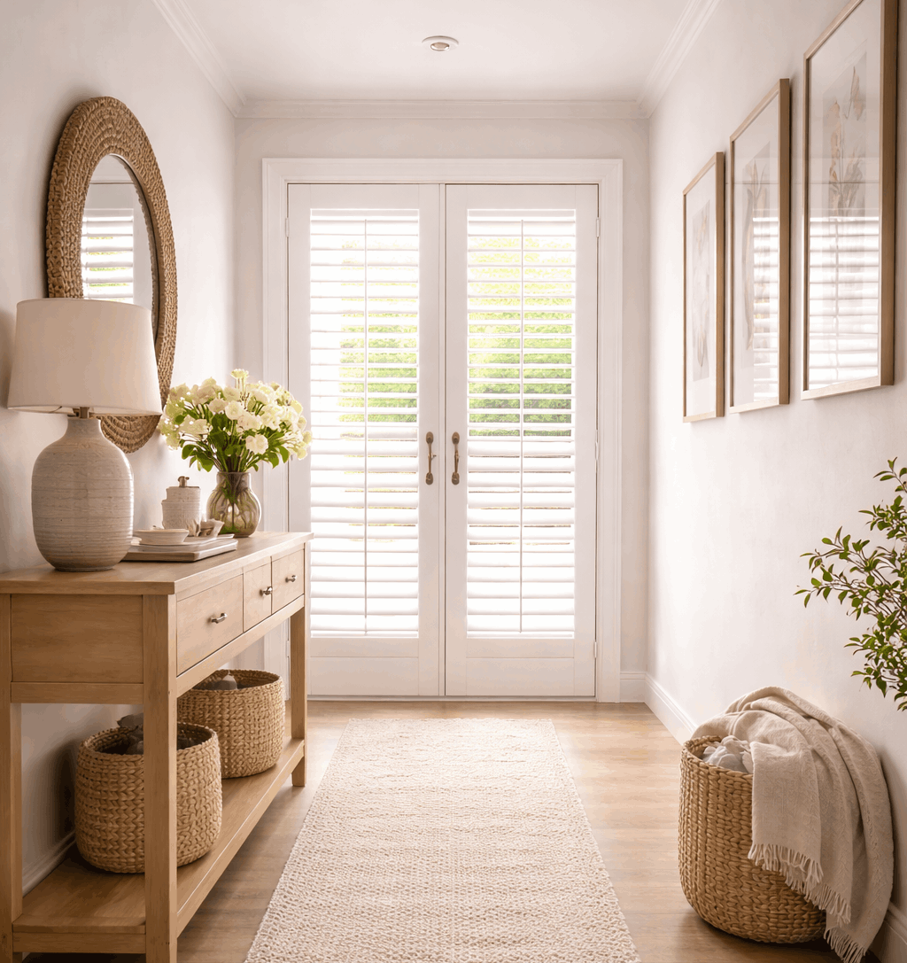 Full height shutters in white fitted in hallway