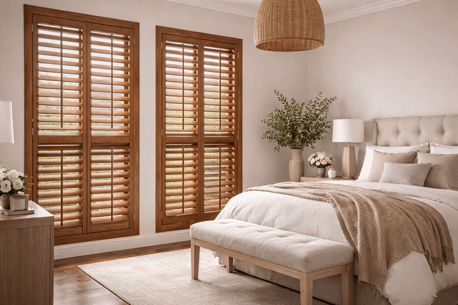 Solid wood interior shutters with natural grain finish in bedroom