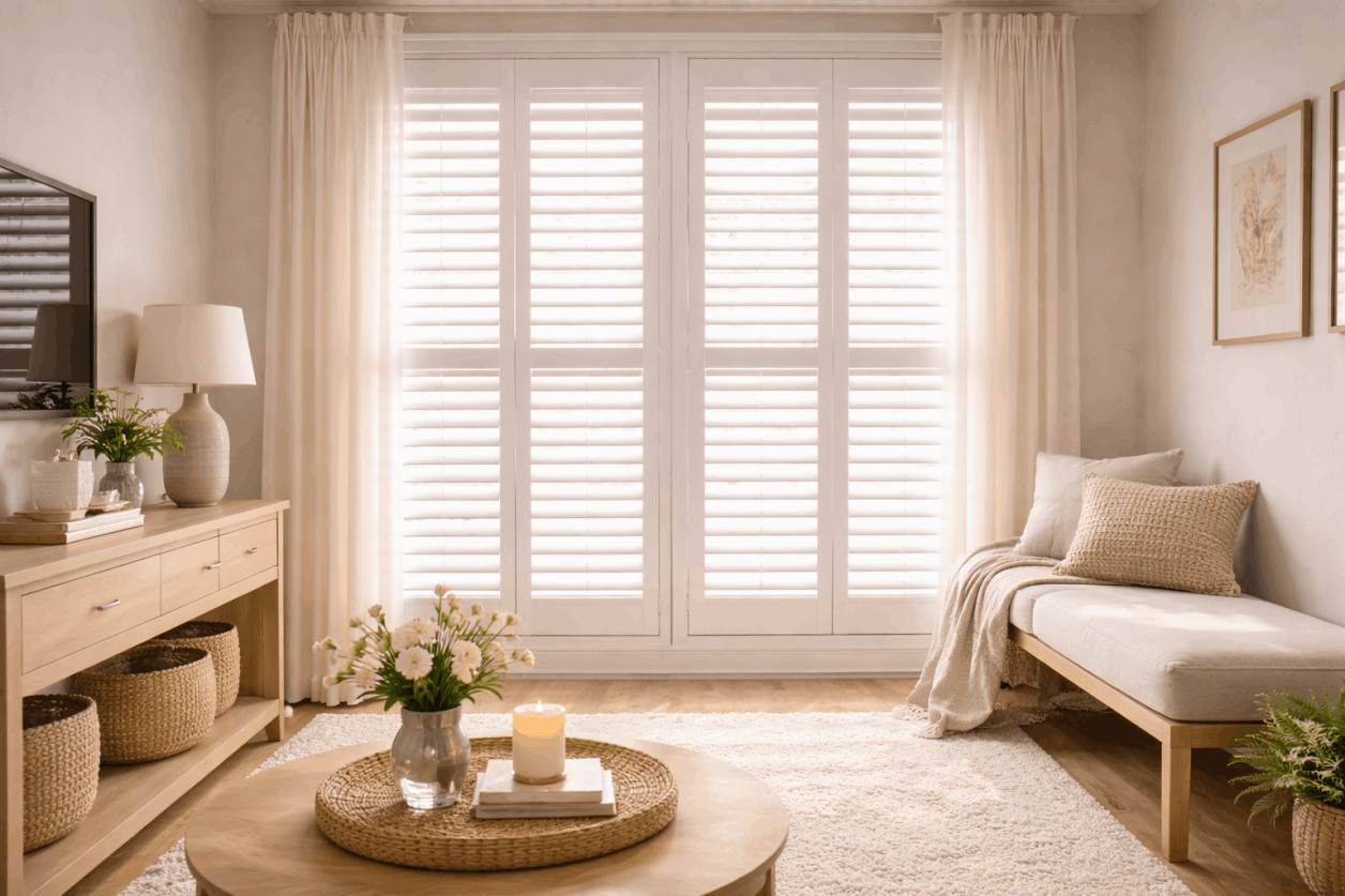 Interior shutters installed in living room