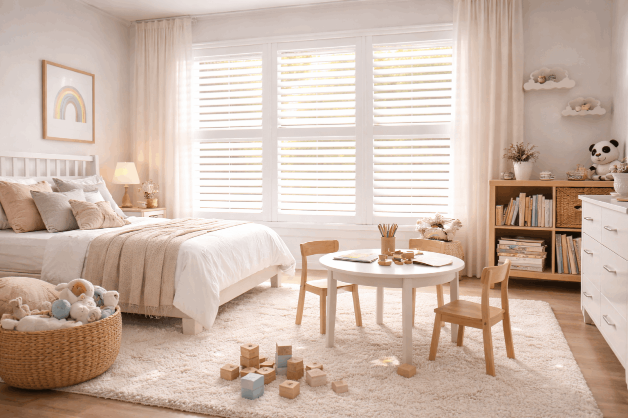 Plantation shutters installed in bedroom