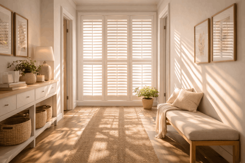 Shutters blocking direct sunlight to prevent overheating in summer