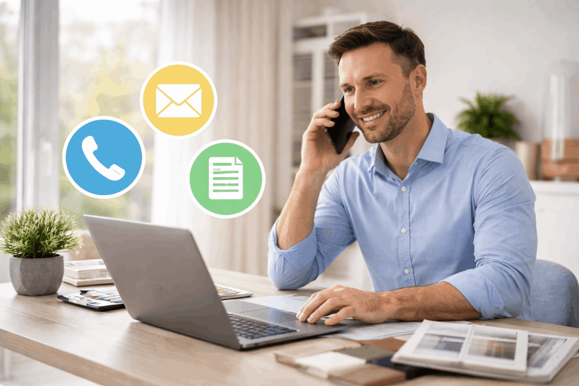 Man working on a laptop while speaking on the phone, representing customer consultation and enquiry process for interior shutters