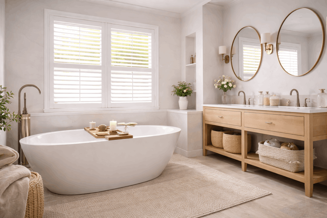 Interior shutters in modern bathroom with bathtub enhancing comfort and privacy