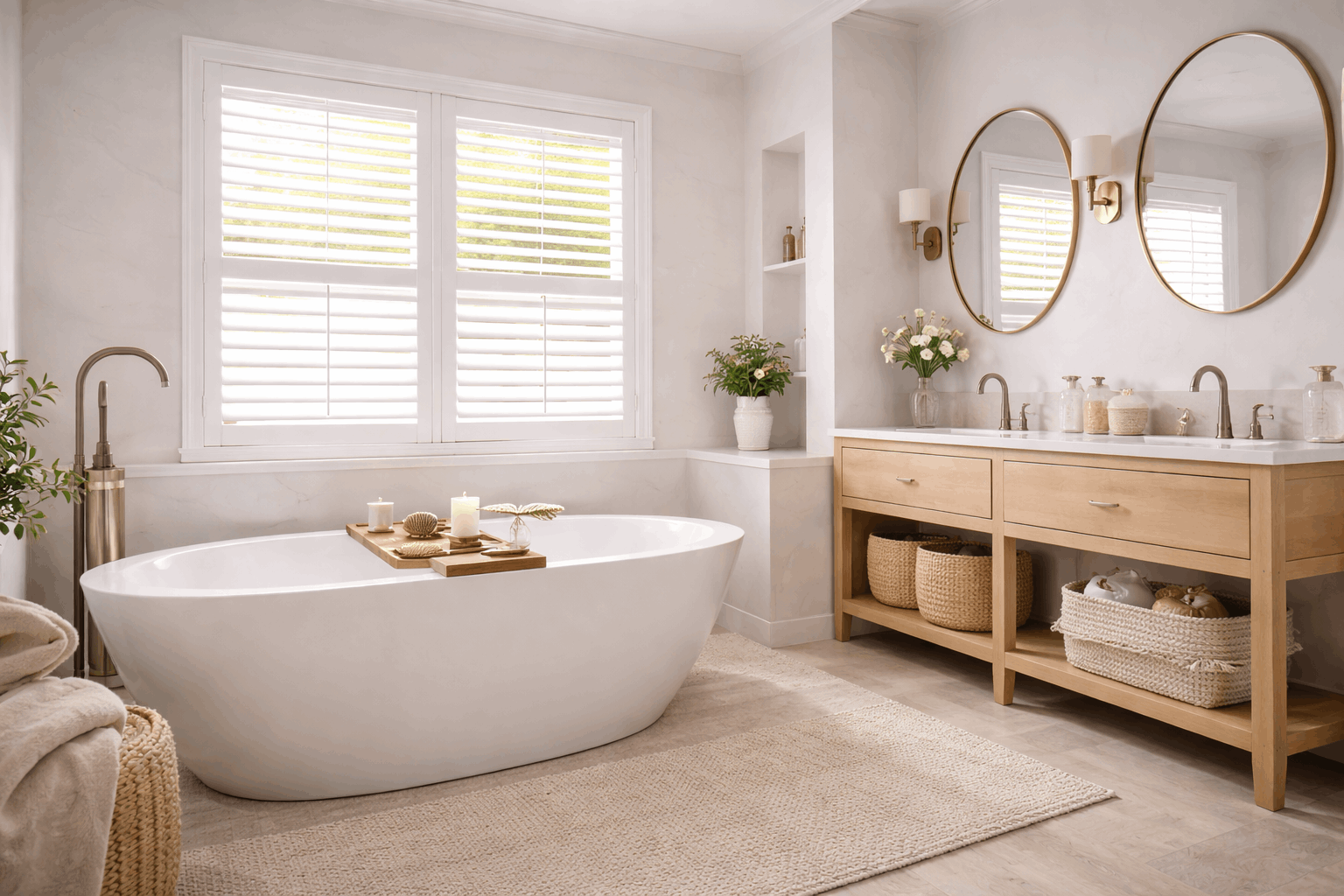 Moisture-resistant composite shutters installed in modern bathroom