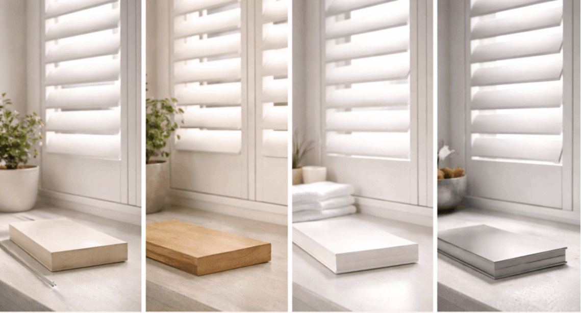 Comparison of shutter materials including MDF, composite, wood and aluminium panels