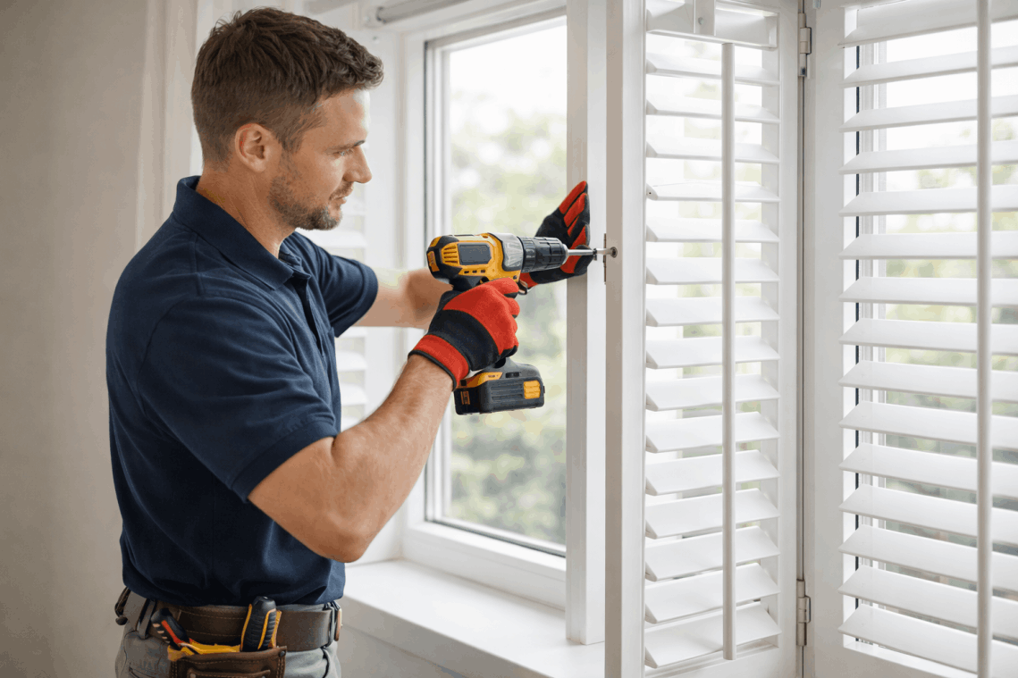 Professional installer fitting custom interior shutters inside a modern home