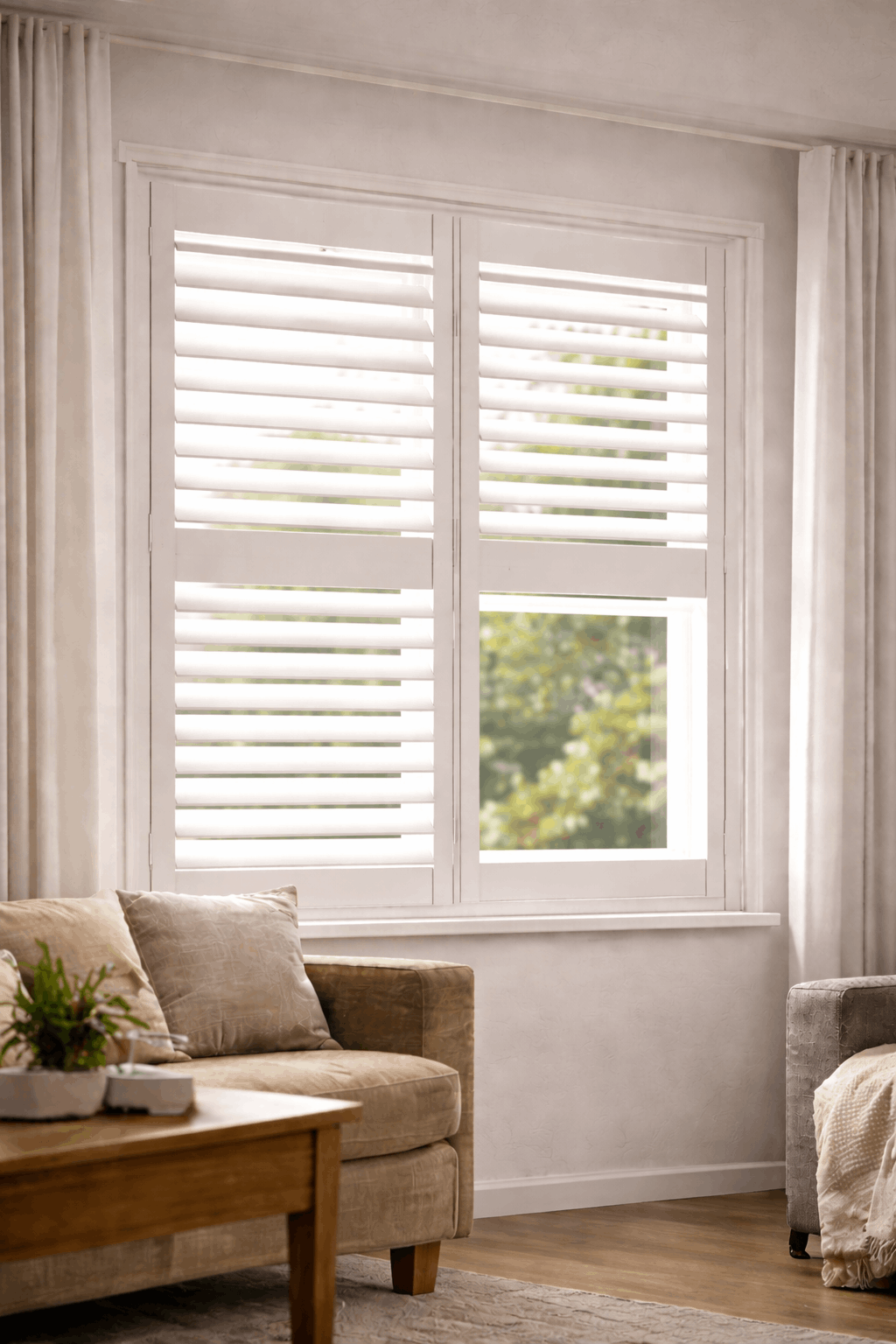 plantation shutters installed in the living room 