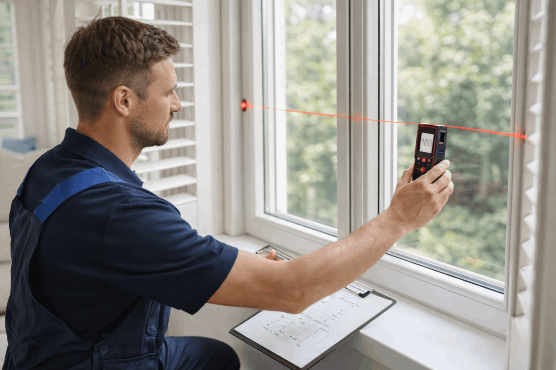 Professional installer measuring a window frame precisely before custom shutter production 