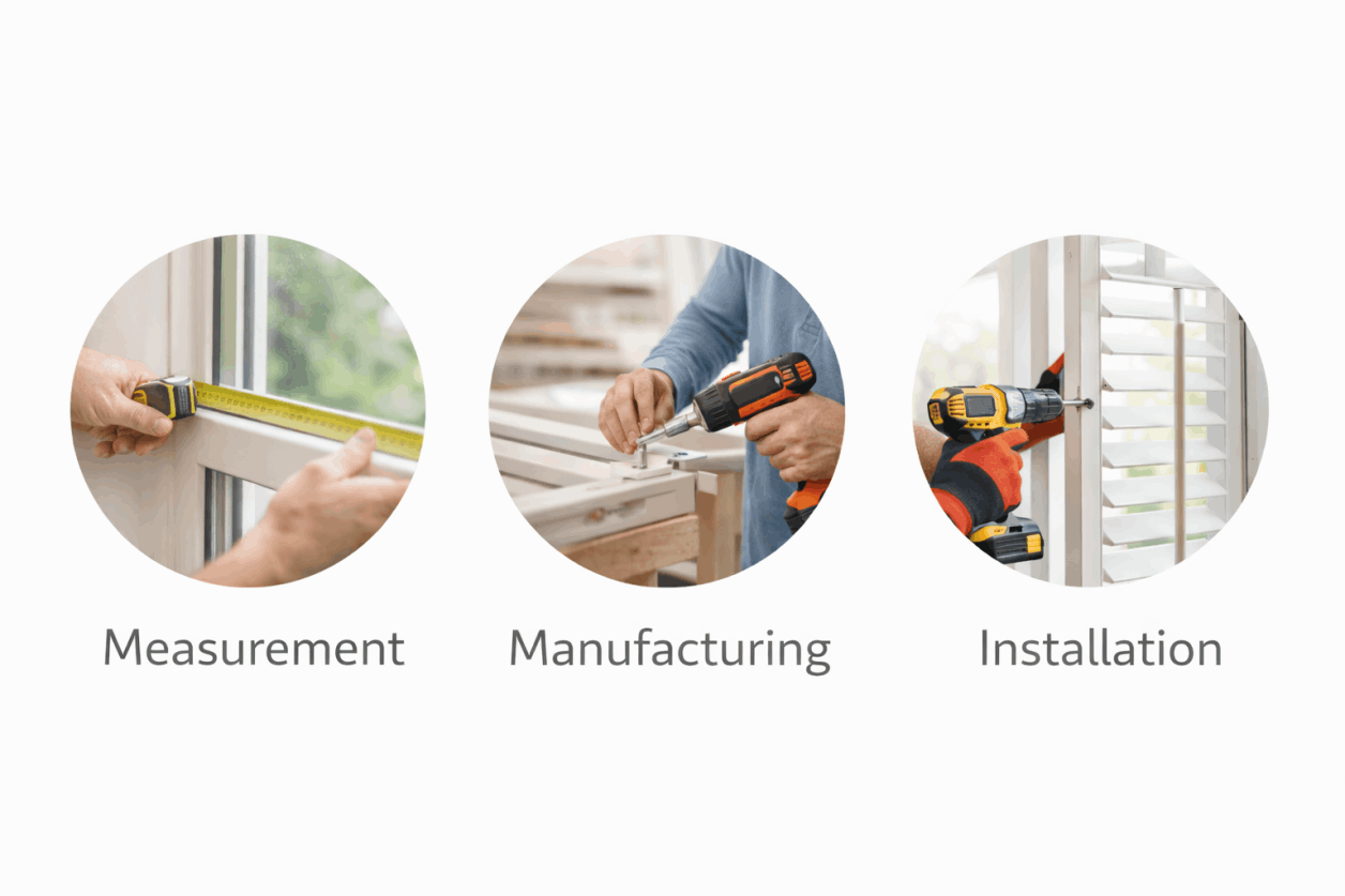 photos representing shutter measurement, custom manufacturing and professional installation process