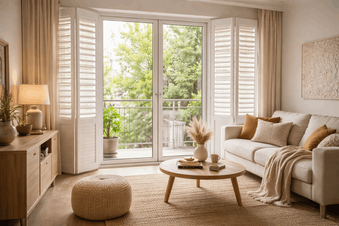 Full height tracked bi-fold shutters installed in apartment living space