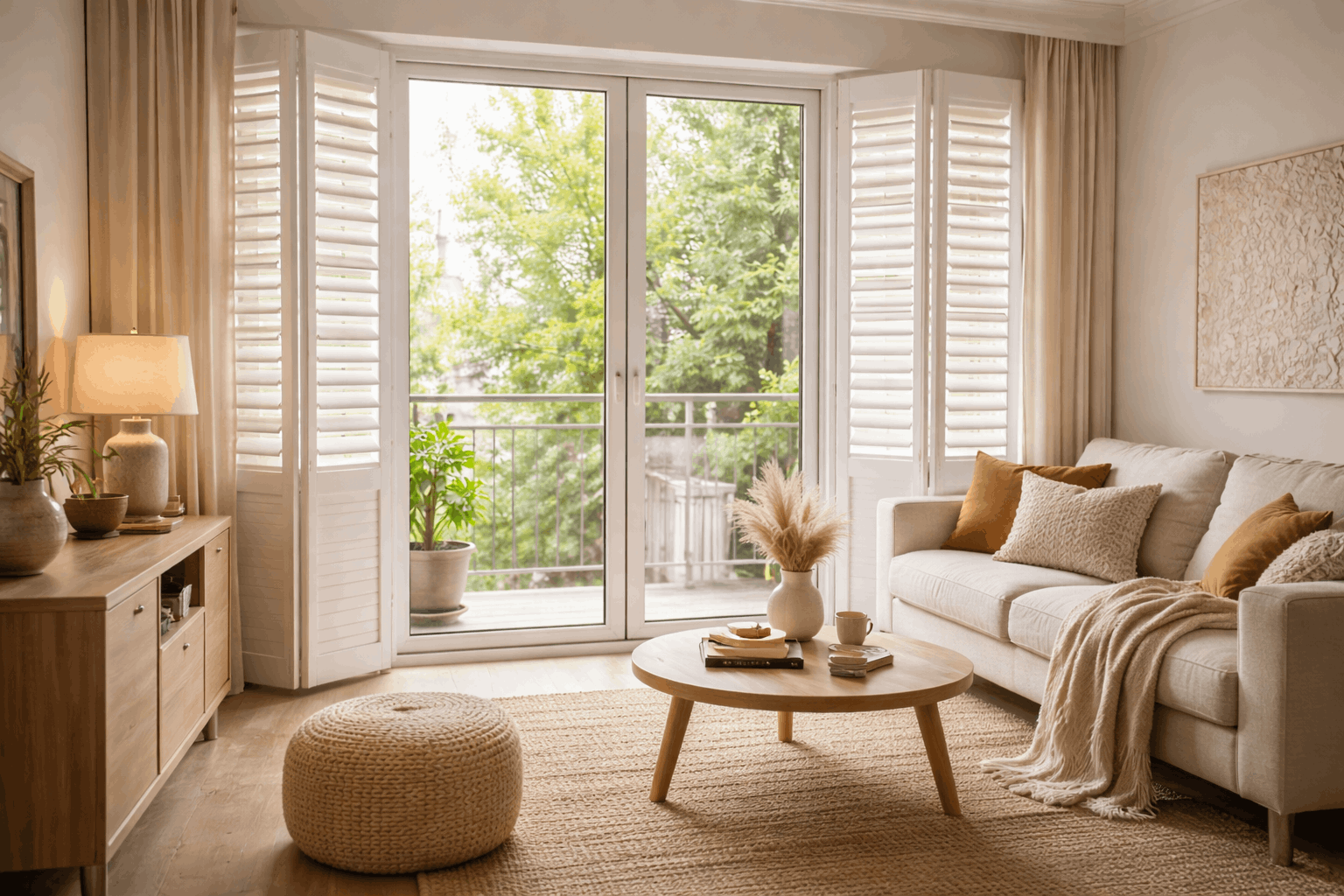 MDF interior shutters with smooth painted finish installed in living room