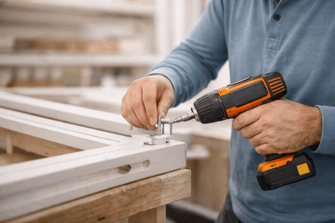 Close-up of craftsman assembling custom interior shutters using professional tools