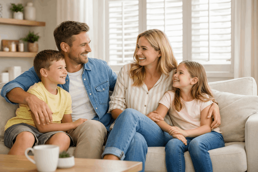 Happy family relaxing in a living room with interior shutters