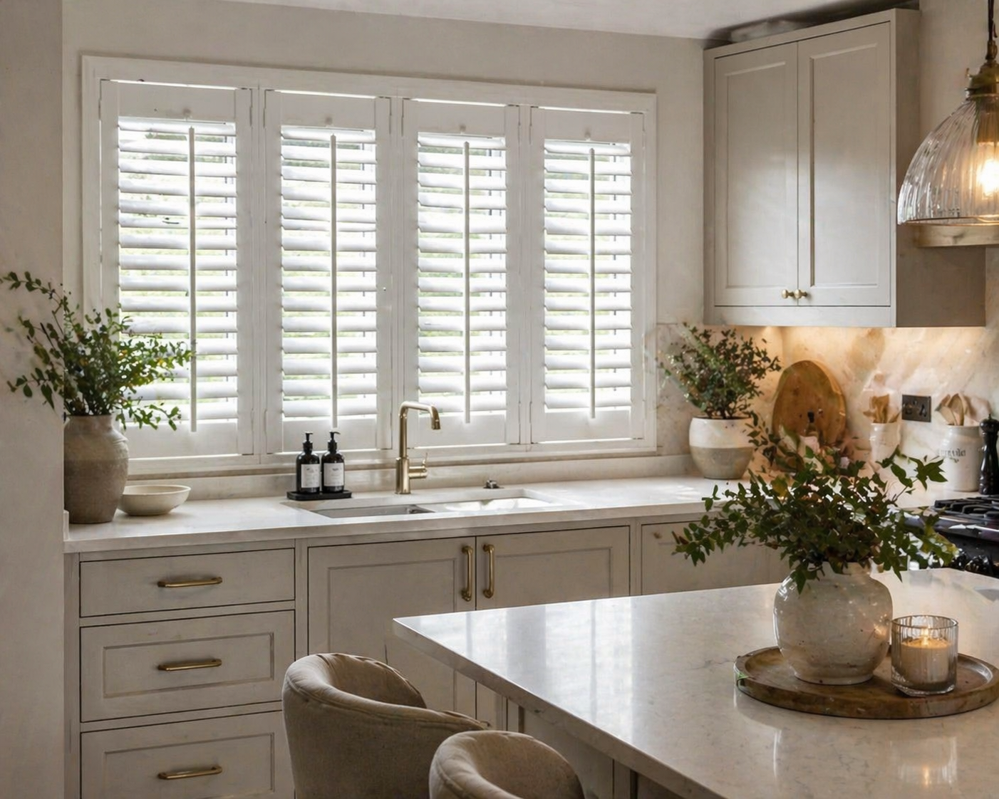 Bright kitchen plantation shutters Hampshire — natural light privacy fitted shutters