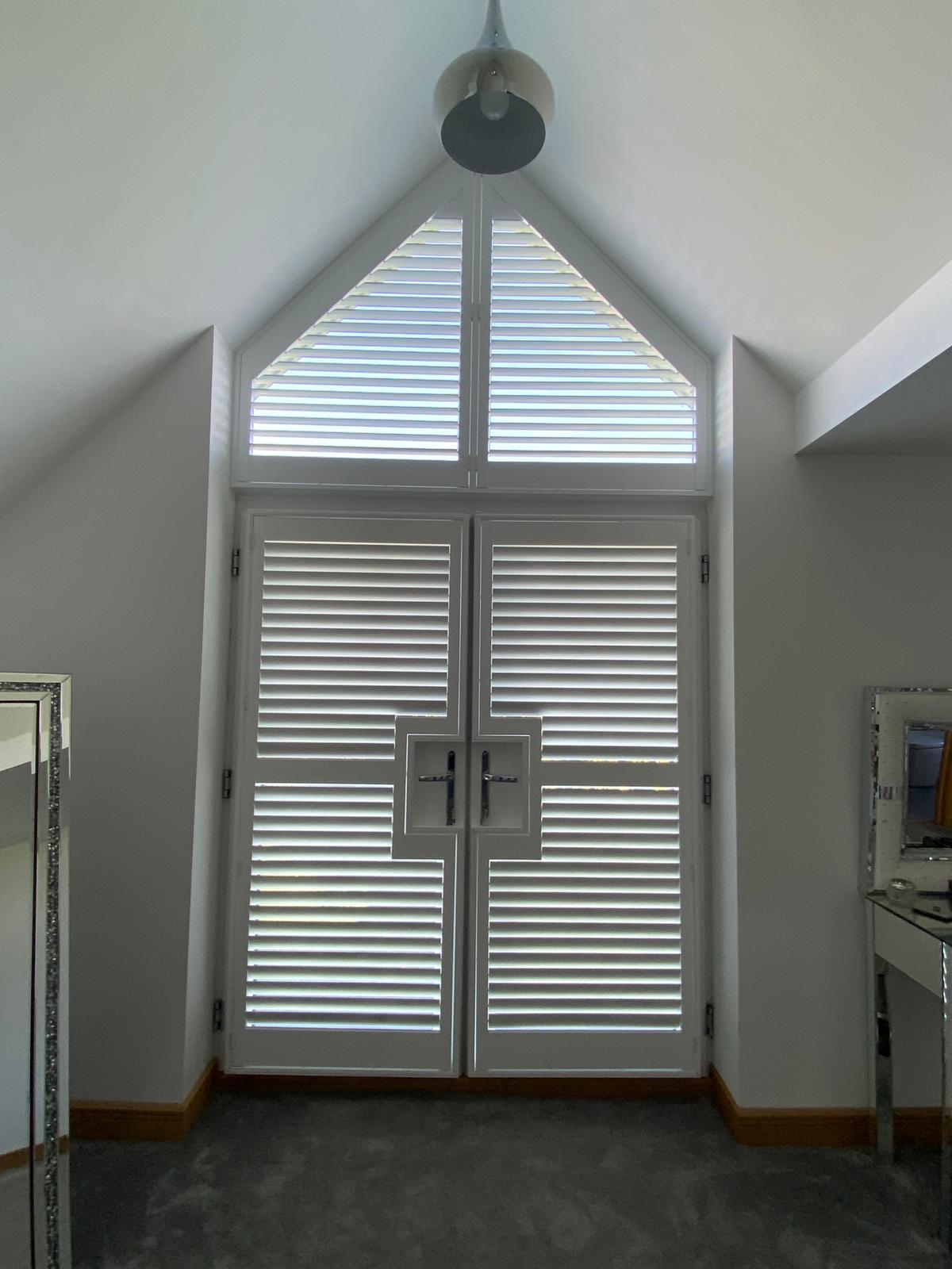 French cut doors triangle special shape plantation shutters Hampshire — bespoke window shutters