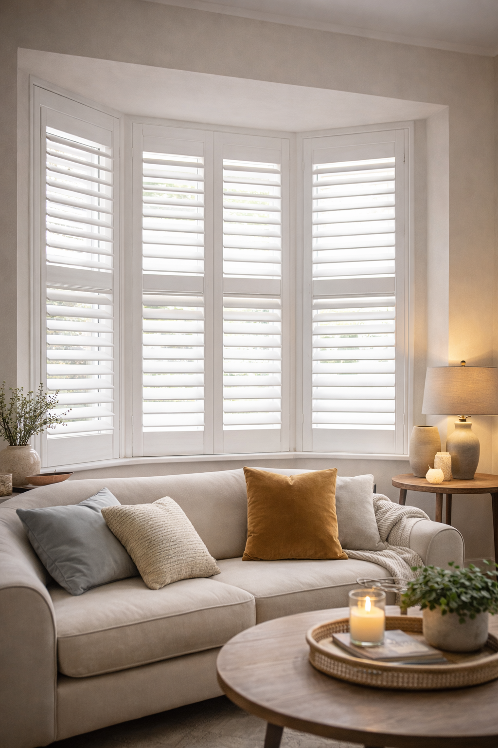 Bay window plantation shutters Hampshire living room — made to measure fitted shutters