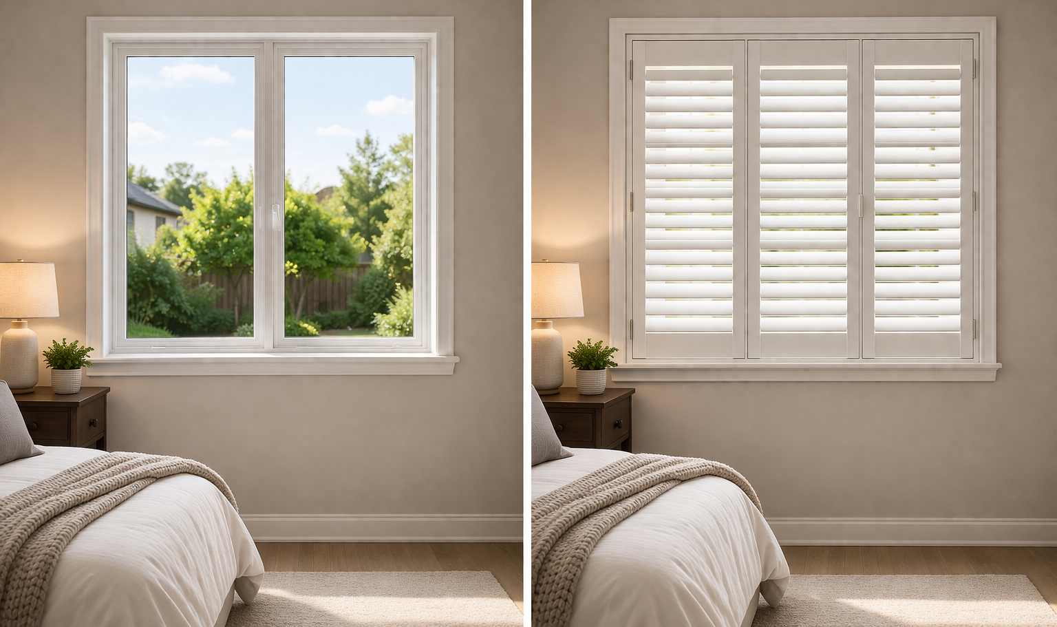 Before and after plantation shutters installation Hampshire — full height window transformation