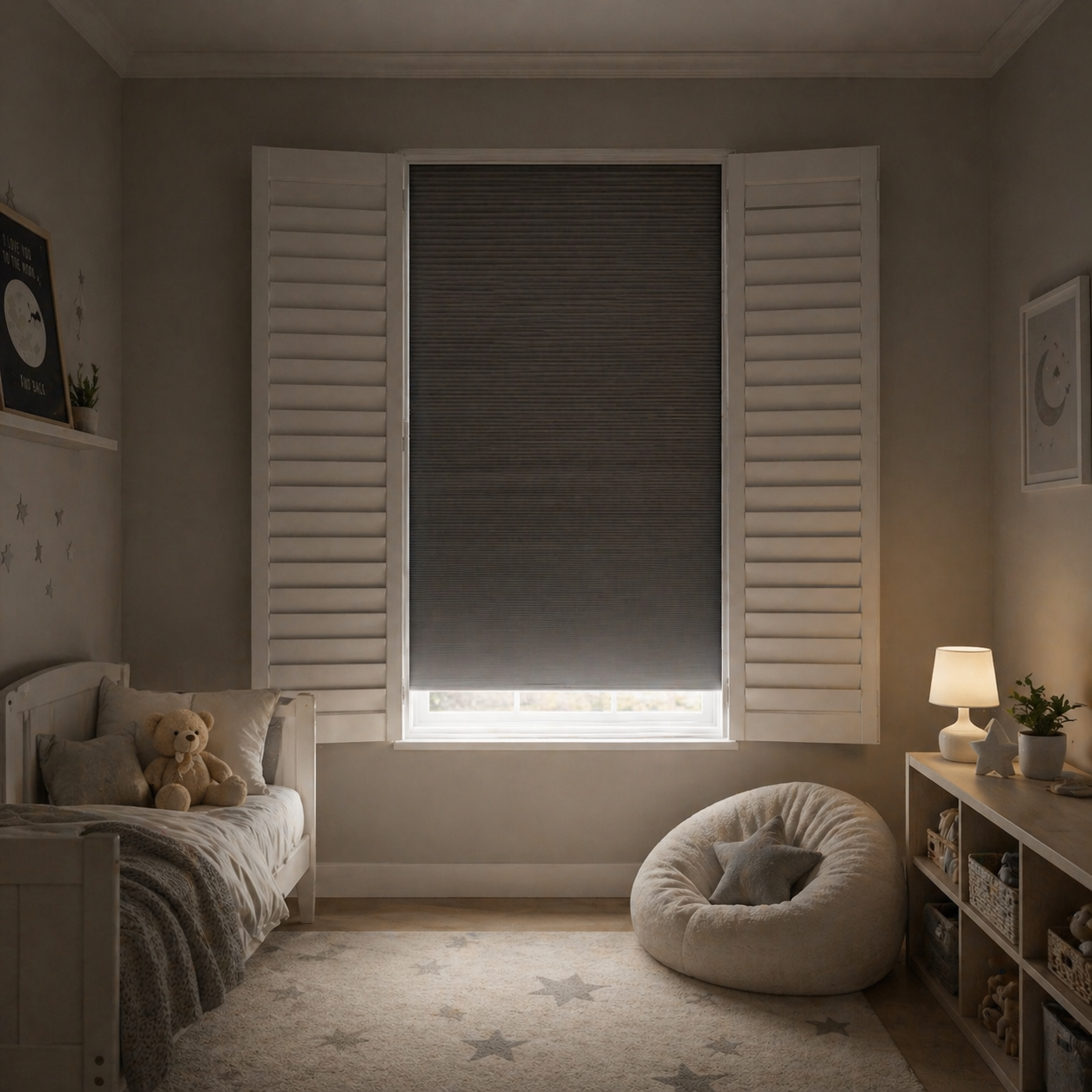 Blackout plantation shutters Hampshire bedroom — perfect sleep light blocking window shutters