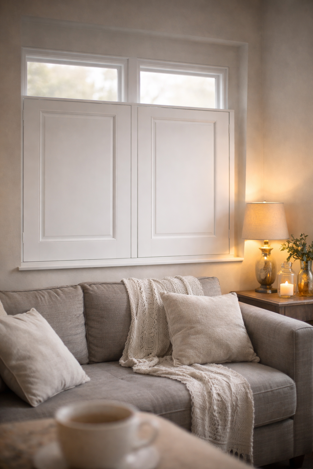 Café style plantation shutters Hampshire living room — half height privacy shutters
