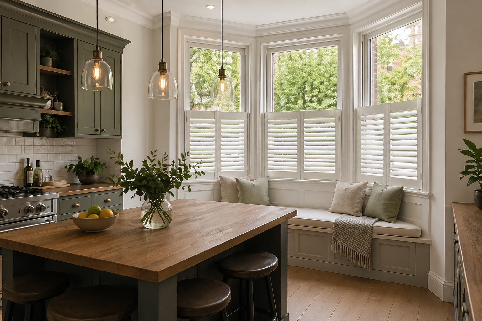 Café style plantation shutters Hampshire kitchen — made to measure half height window shutters
