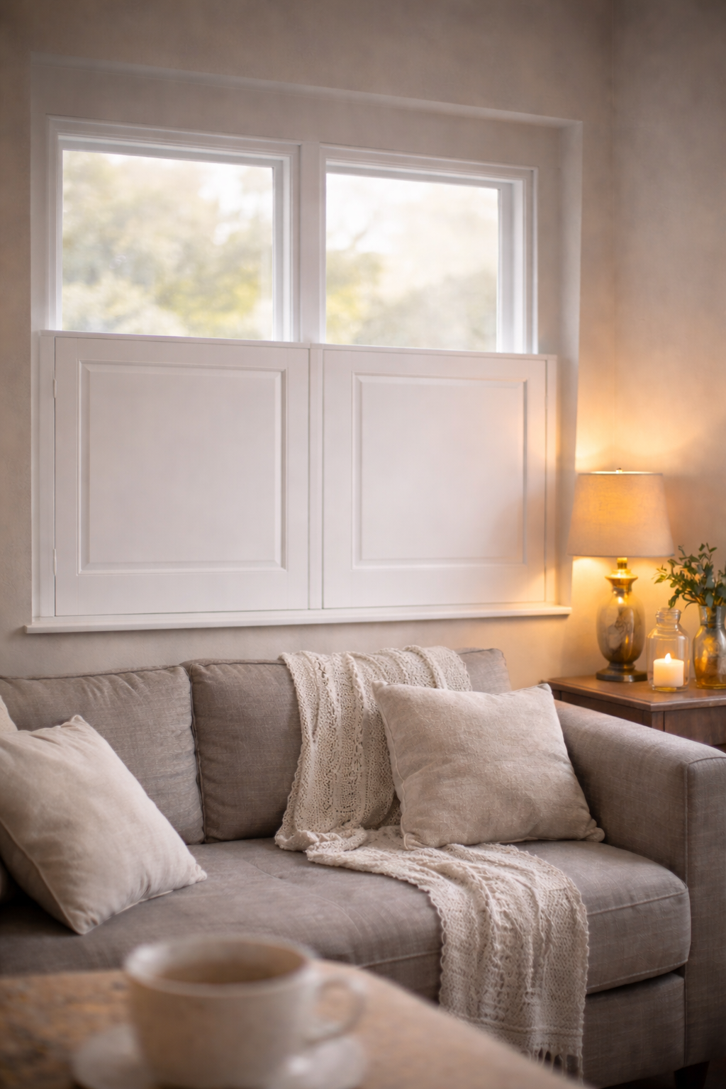 Café style plantation shutters Hampshire windows — lower half privacy Shutters by Balaz