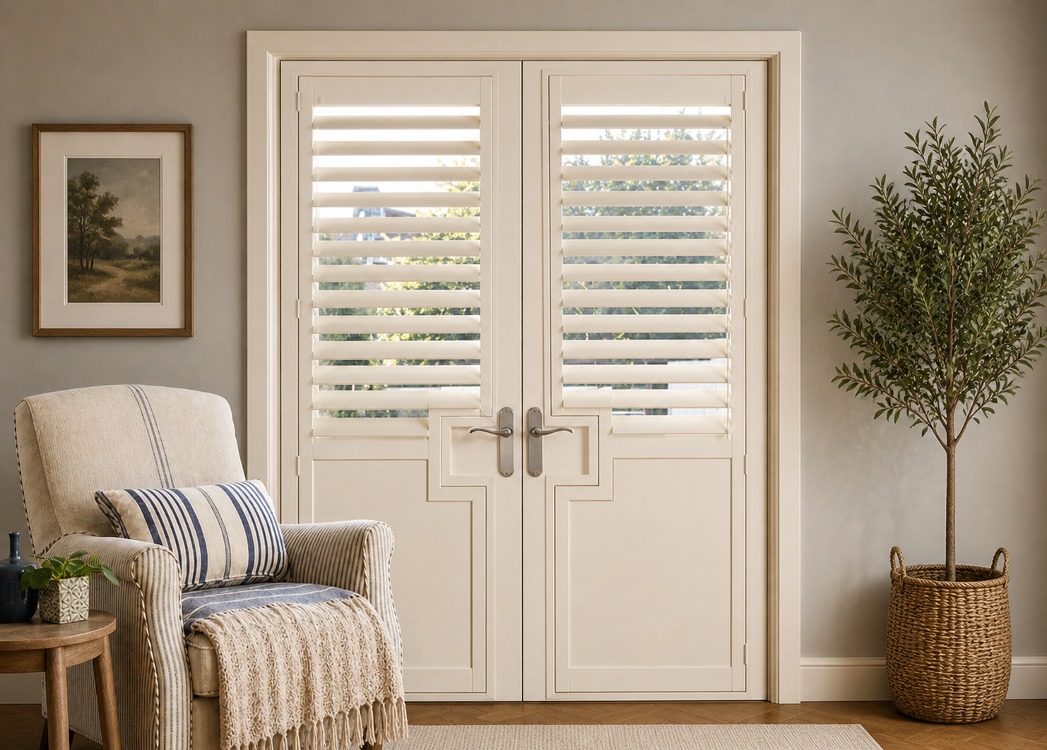 French cut plantation shutters on doors Hampshire — bespoke fitted by Shutters by Balaz