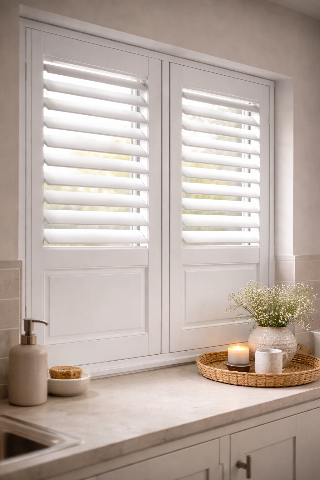 Kitchen window plantation shutters Hampshire — made to measure fitted by Shutters by Balaz