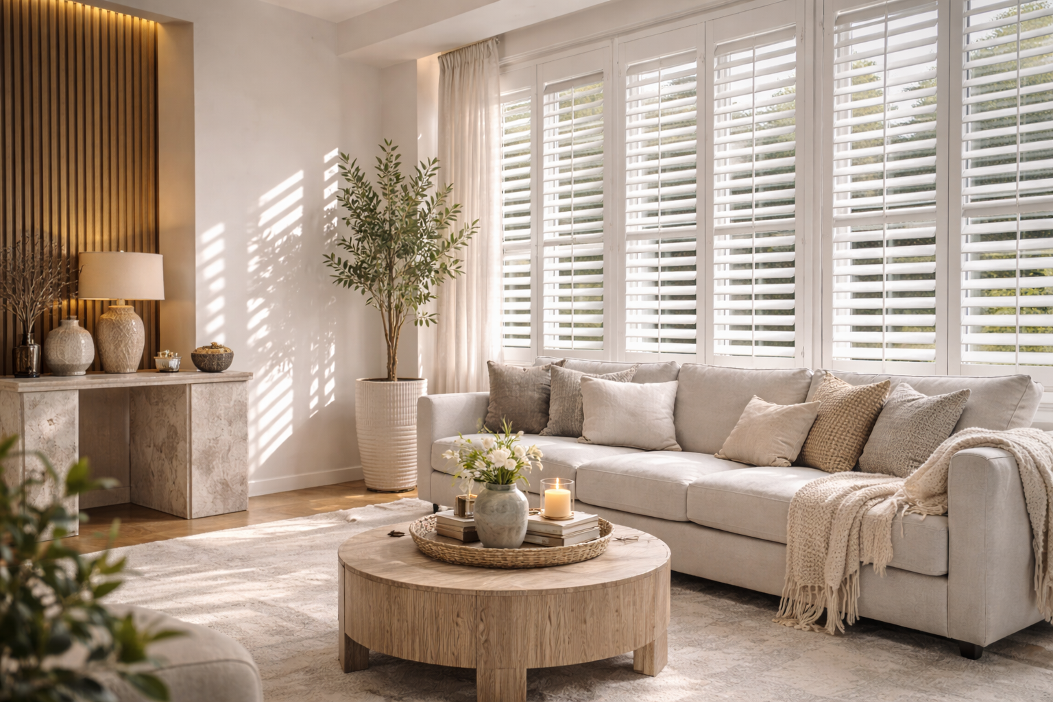 Bright living room with full height plantation shutters Hampshire — free home survey available