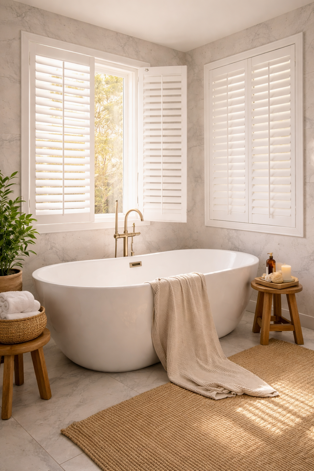 Waterproof plantation shutters Hampshire bathroom — moisture resistant fitted window shutters