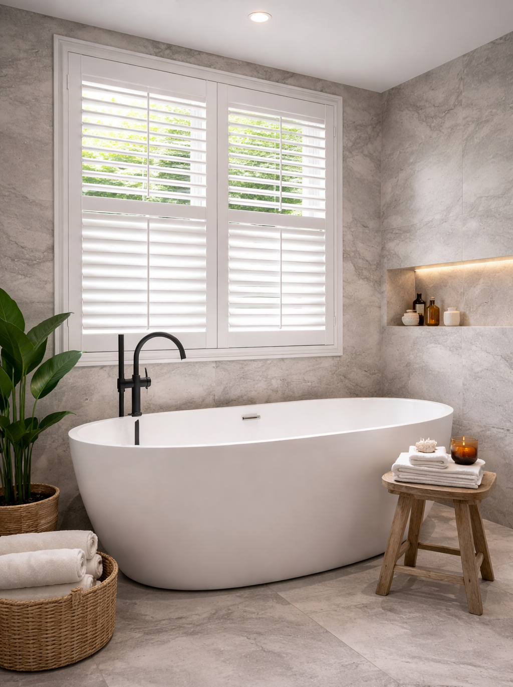 Modern bathroom plantation shutters Hampshire — waterproof privacy shutters by Shutters by Balaz