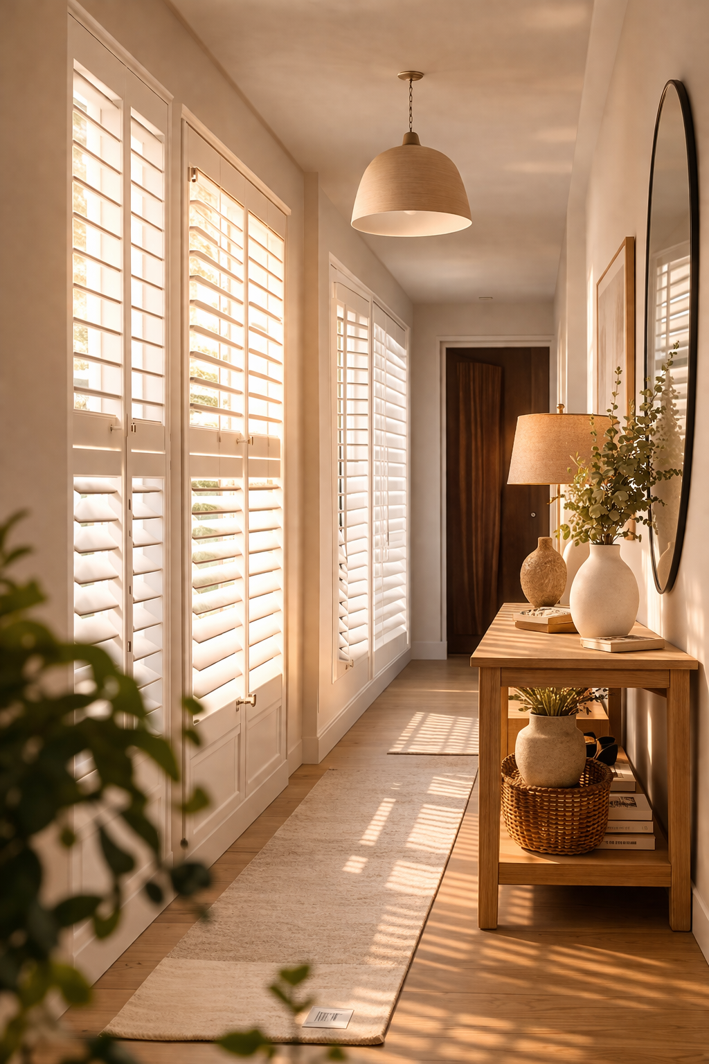 Hallway plantation shutters Hampshire — full height fitted shutters Winchester Basingstoke