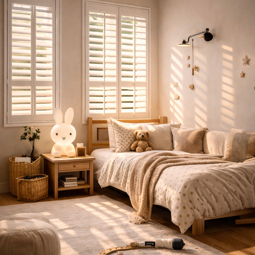 Blackout plantation shutters Hampshire children's bedroom — perfect for nap times