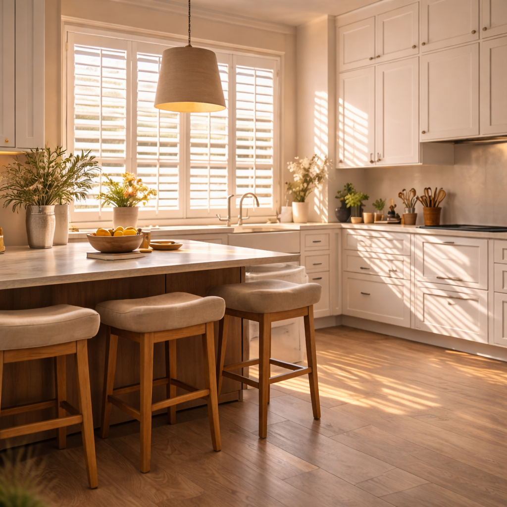 Plantation shutters Hampshire kitchen — easy clean fitted window shutters from £265/m²