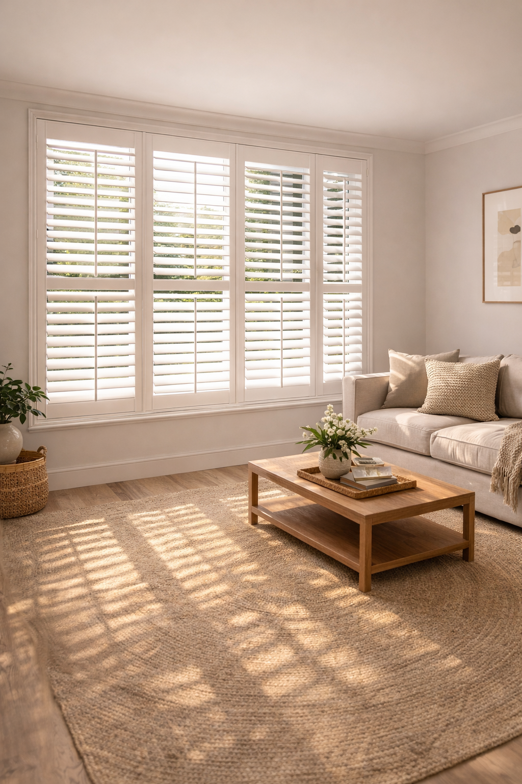 Full height plantation shutters in Hampshire living room — premium fitted window shutters from £265/m²
