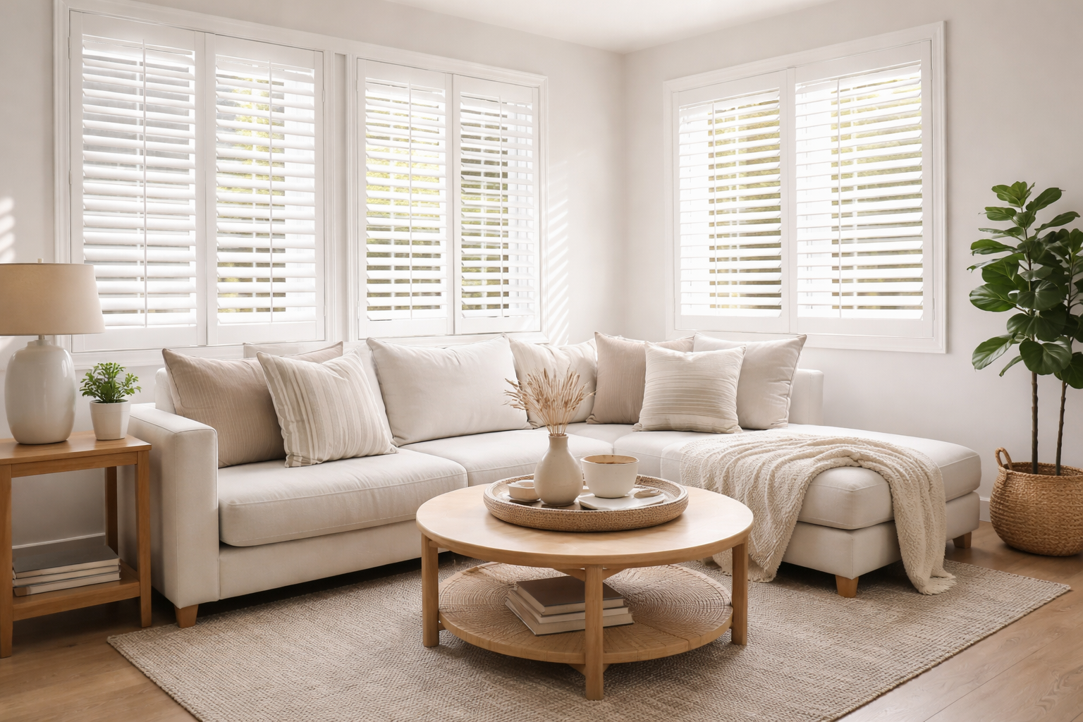 Cosy living room full height plantation shutters Hampshire — Shutters by Balaz installation