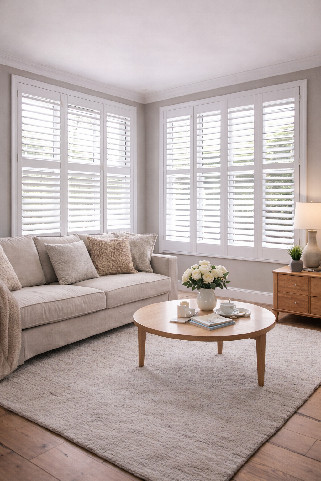 Large window full height plantation shutters Hampshire — made to measure fitted shutters