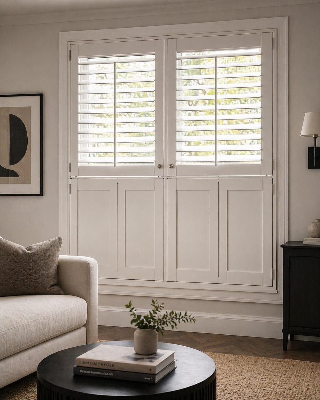 Solid panel plantation shutters Hampshire modern interior — clean lines total light block