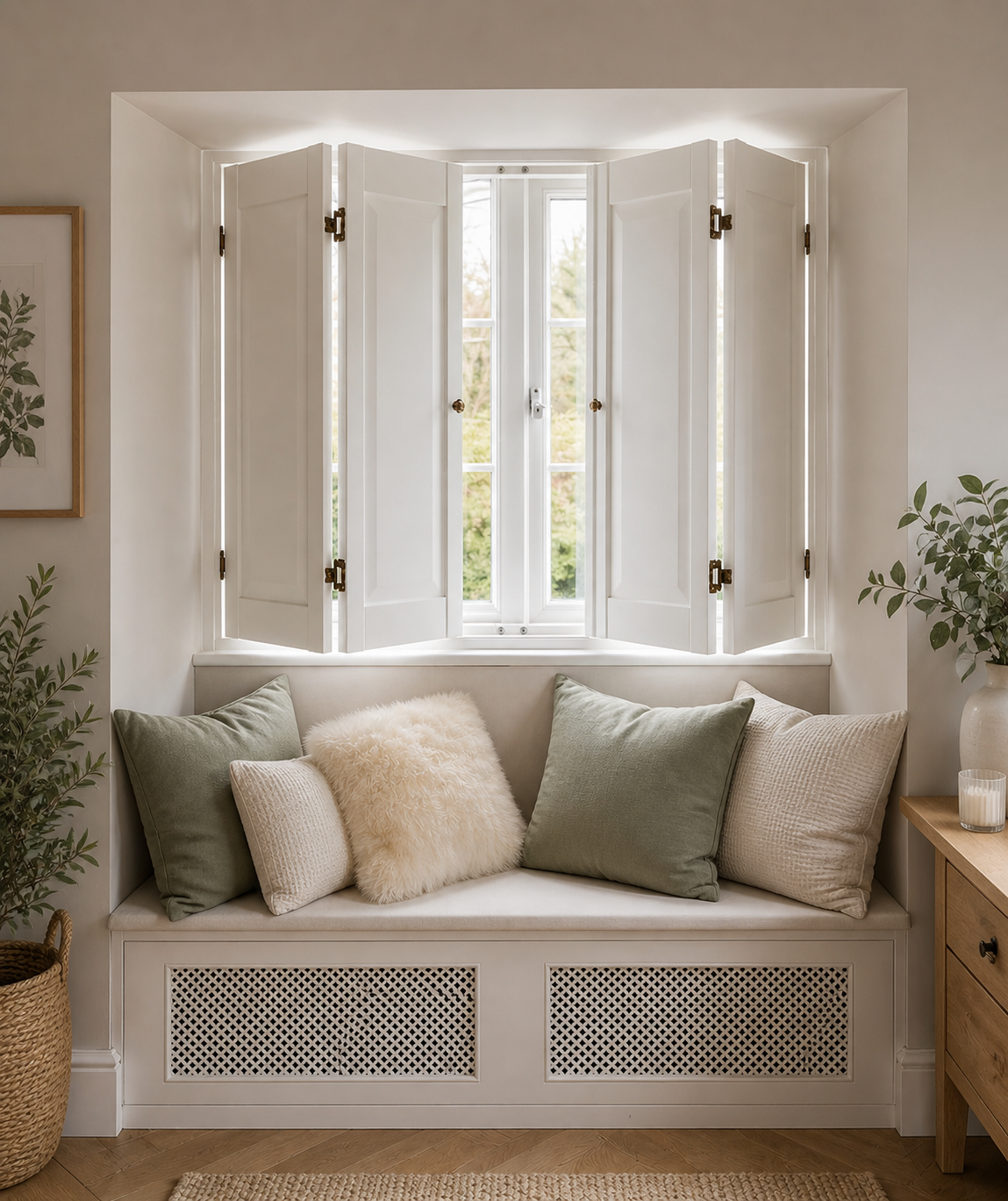 Solid panel plantation shutters Hampshire multiple windows — cohesive fitted shutters