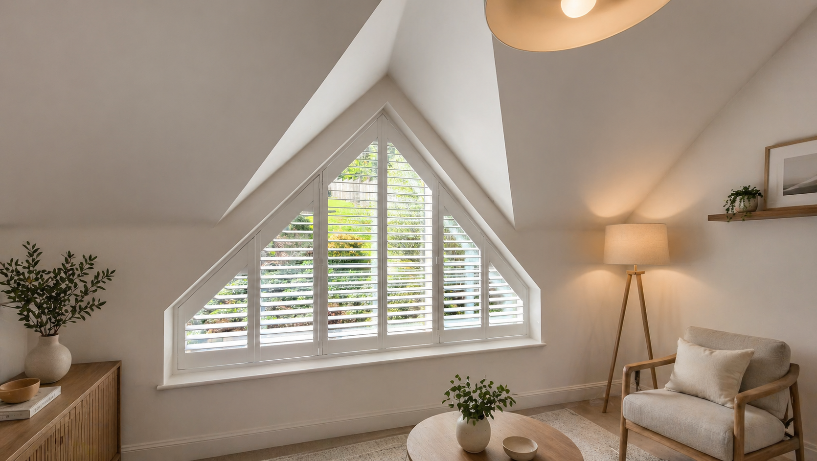Special shape plantation shutters Hampshire unusual window — bespoke made to measure shutters