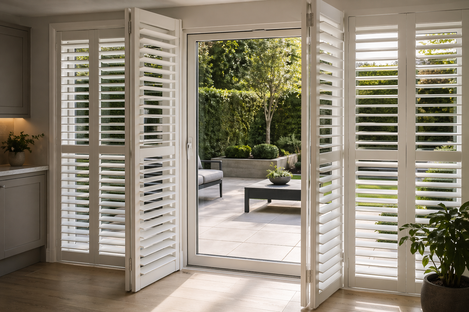 Tracked bi-folding plantation shutters Hampshire modern home — Shutters by Balaz